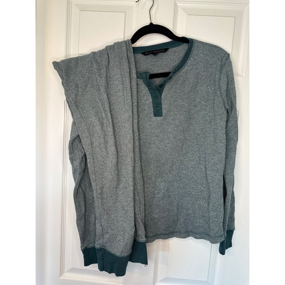Pact Organic 100% Cotton Women Teal Waffle Knit Henley Pajama Set Size Small